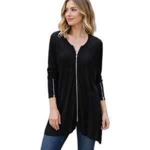 Y LONDON BLACK SHEER THIN ASYMMETRICAL KNIT FULL ZIP SWEATER SIZE S Lagenlook